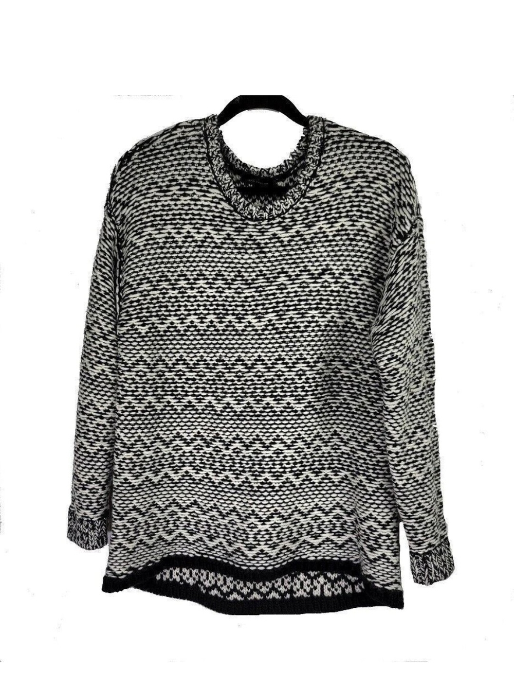 Ann Taylor Black and White Chevron Fair Isle Crewneck Sweater Wool Blend